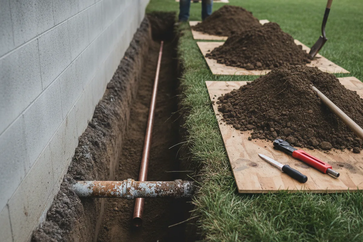 Excavated water line trench during Water Heater Repair in Walnut Creek
